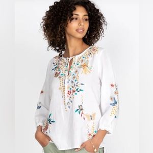 Johnny Was peasant blouse. White with colorful embroidery. Like new!